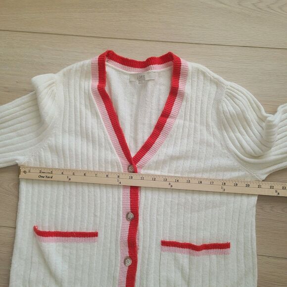 Loft Cardigan Sweater XL Cream‎ Red Pink Soft Knit V-Neck Button-Front - Picture 7 of 9